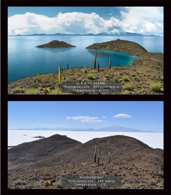 Haut : Lac Tauca (vue d'artiste, E. Mazaré) Bas : Paysage actuel du Salar de Uyuni (photo P.-H. Blard), Altiplano, Bolivie