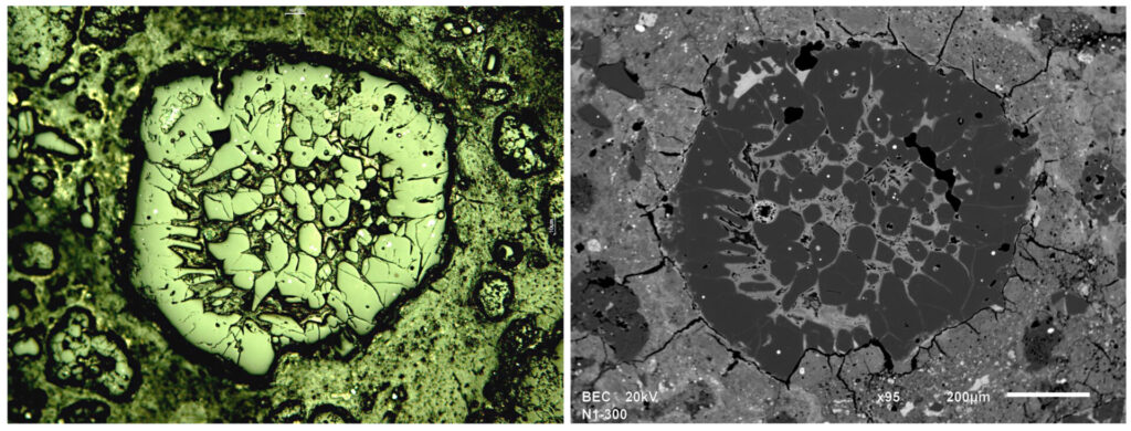 Image optique et électronique d'un chondre de la chondrite carbonée NWA 5958